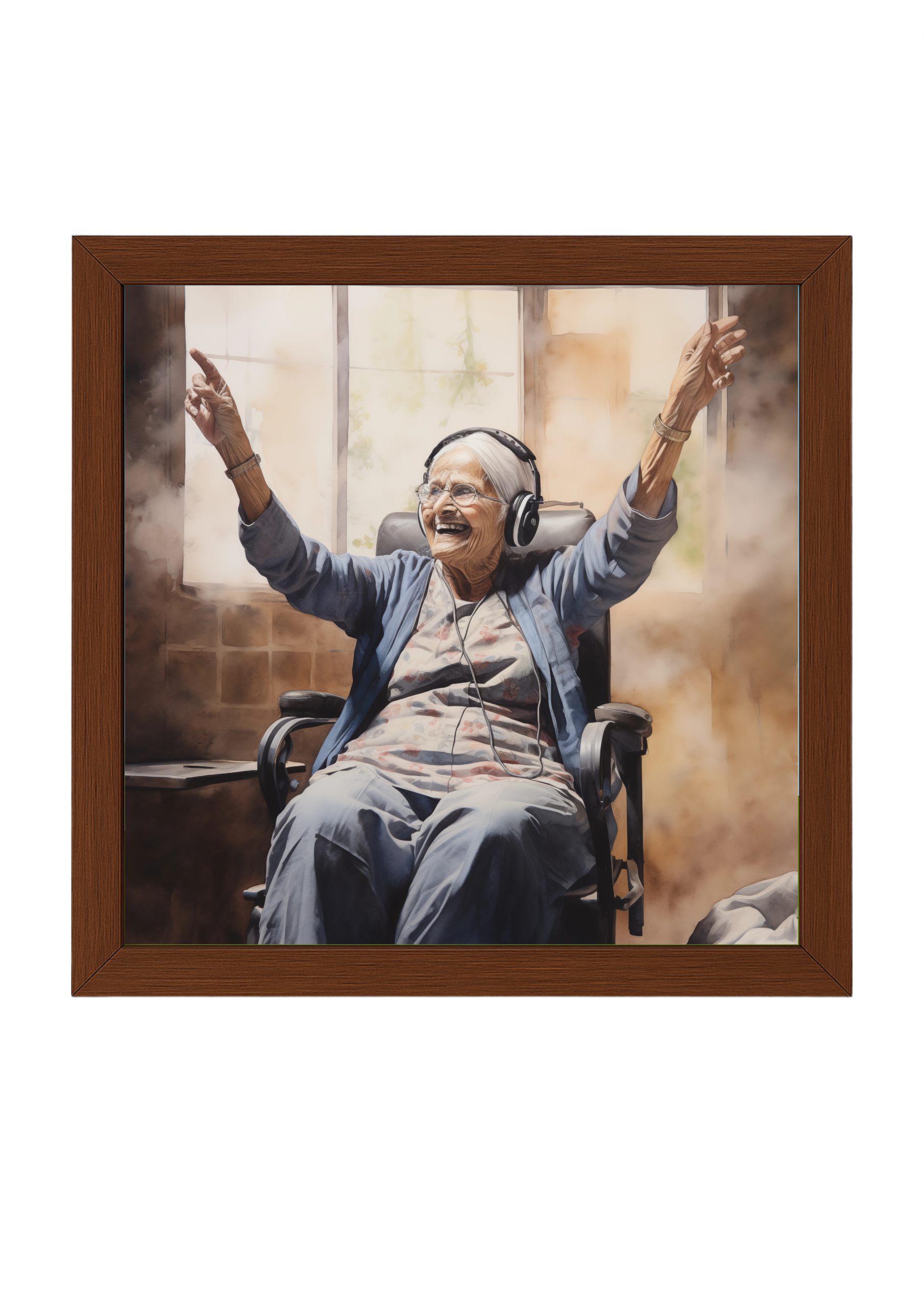 an old woman wearing headphones and sitting in a chair, for hearing test